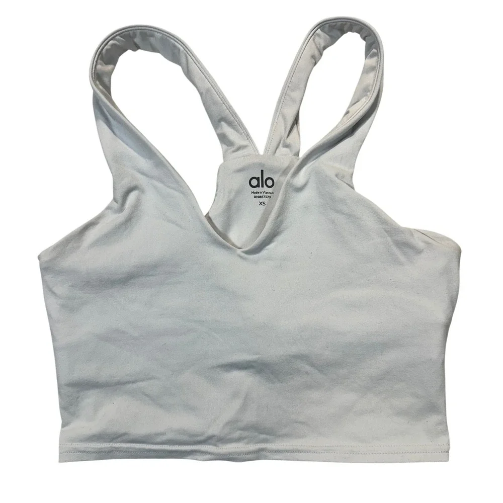 Alo Real Bra Tank Women XS‎ Gray Cropped V-Neck Racerback Athleisure Yoga Top